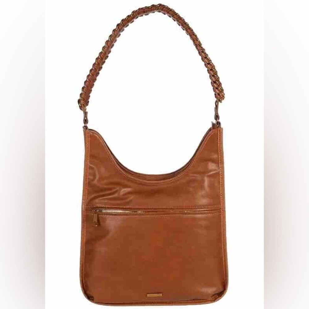 RACHEL ZOE Jalilah Smooth Faux Leather Suede Hobo Purse Should Bag Cognac Brown